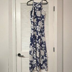 Floral Blue & White Sleeveless Maxi Dress With Open Back